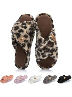 〽️Women's Leopard Fuzzy Open Toe Slippers Cozy Cross Band Faux Fur House Shoes